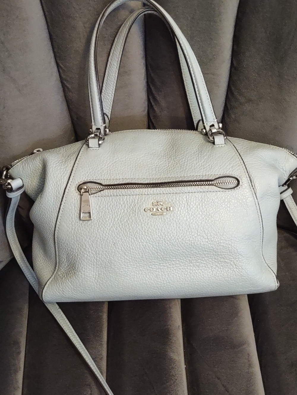 Coach Prarie Light Blue Pebbled Leather Satchel with Silver Hardware